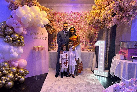 Christening celebration venue near London with elegant décor.