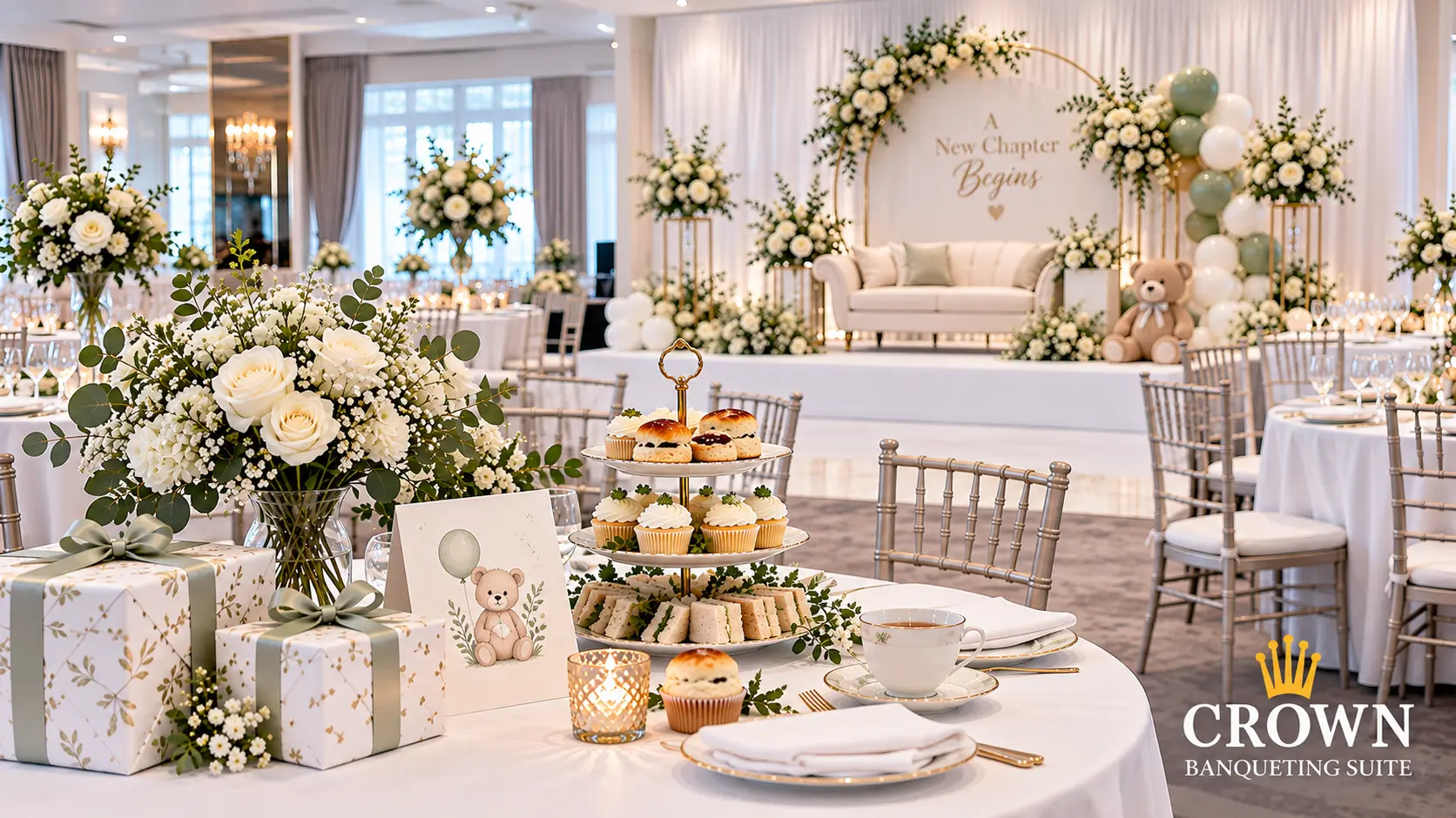Elegant baby shower celebration with floral decorations, wrapped gifts and afternoon tea in a UK banqueting venue.